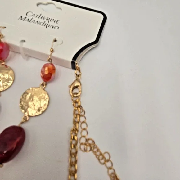 Catherine Malandrino Adj Necklace Earrings Set Layered Pink Iridescent Gold Tone - Picture 7 of 9